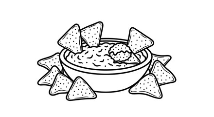 Hand-drawn illustration of nachos and dip offering a minimalist culinary representation perfect