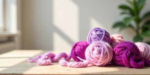 Soft pastel yarn balls arranged on a wooden surface bathed in sunlight