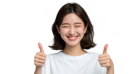 Young asian woman smiling and giving thumbs up isolated on transparent background