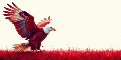Crimson Eagle Soaring Above Vibrant Red Field A Majestic Display of Avian Power and Grace