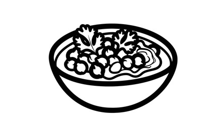 Monochrome bowl of chickpeas and noodles with herbs illustration design