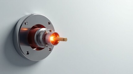 Close-up view of a gleaming metallic device with an internal glowing component, affixed to a smooth surface, suggesting advanced technology or scientific instrumentation.