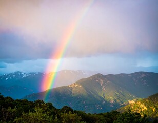 Magical rainbow over majestic mountains and verdant forest panorama scenery