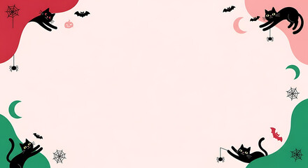 Whimsical Halloween Cat Corner Border Frame with Pink and Green Accents