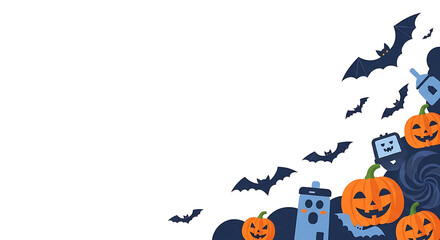 Playful Halloween themed illustration with pumpkins bats and ghostly apparitions