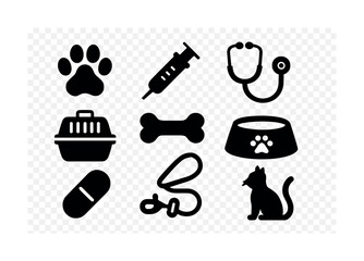 Pet care icons: paw, syringe, stethoscope, carrier, bone, bowl, pill, leash, cat