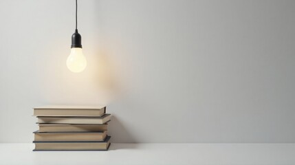 Illuminated Knowledge A Stack of Books Under a Hanging Lightbulb, Symbolizing the Pursuit of Learning and the Brilliance of Ideas