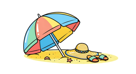 Illustrative beach scene with colorful umbrella, sunhat, and flip-flops in
