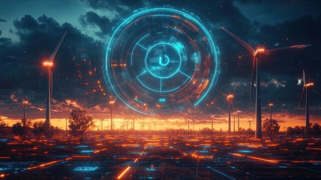 Futuristic landscape with glowing digital circuit patterns on the ground, tall wind turbines under a dramatic sunset sky with a large holographic circular interface hovering above