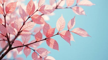 Delicate coral-hued leaves gently sway on slender branches against a serene pastel sky, a tranquil scene of springtime botanical beauty