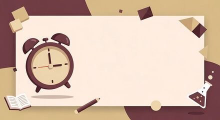 Abstract academic background with clock, book, pencil, flask and blank area