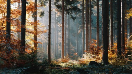 Golden Forest Sunlight: A serene autumn scene as sunlight streams through tall trees, illuminating a vibrant forest floor with its golden leaves.