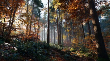 Fototapeta premium Autumnal Forest Canopy: A vibrant forest scene showcases the beauty of autumn, with a canopy of colorful leaves and tall trees bathed in sunlight creating a serene and tranquil environment.