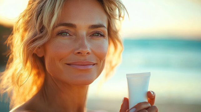 Smiling woman with glowing skin holding a skincare product at the beach during golden hour - Powered by Adobe