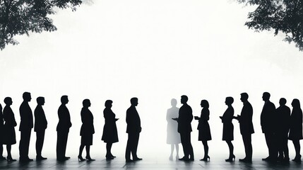 Silhouettes of diverse men and women standing in two opposite lines facing each other under tree branches in serene outdoor setting