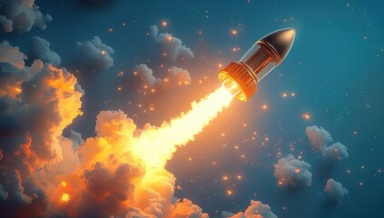 Obraz premium A futuristic rocket blasting off into a starry sky surrounded by glowing clouds and sparks, evoking a sense of adventure and exploration