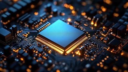 Close-up of a glowing central microchip on a complex motherboard with illuminated circuitry and electronic components in a dark environment