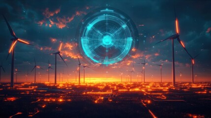 Wind turbines on a field at sunset under a cloudy sky with glowing orange paths and a large blue digital holographic circular interface in the sky, evoking futuristic energy technology