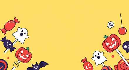 Cheerful Halloween candy themed illustration with ghosts and pumpkins