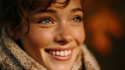 Radiant Smile of the Innocent: A close-up portrait of a woman, a symphony of textures and shadows. Her bright eyes and genuine smile, a beacon of inner peace. She wears a shawl and radiates happiness.