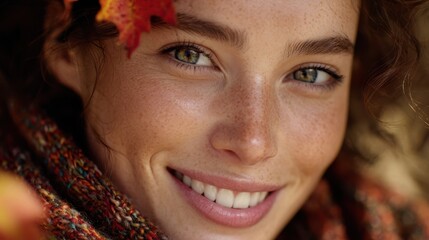 Autumn Beauty's Gaze: A portrait of a woman illuminated by natural light, her radiant skin and captivating gaze, with a touch of autumn leaves, evokes warmth and serenity.