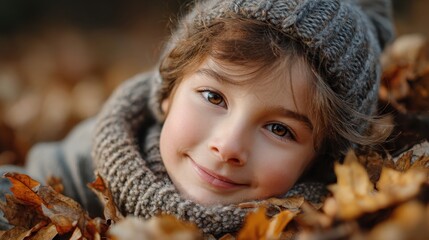 Autumn's Embrace: A young child, nestled amidst a bed of fallen autumn leaves, radiates warmth and contentment. The scene is captured in a dreamy and cozy setting, showcasing the beauty of the season.