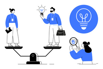 Businesspeople on a balanced seesaw with lightbulb symbolizing ideas. Additional elements include document analysis and focus on equality. Ideal for teamwork, creativity, brainstorming, equality