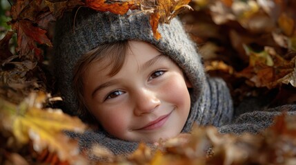 Autumnal Joy: A young child beams with delight, nestled amongst a vibrant pile of autumn leaves, wrapped in a cozy hat and sweater, embracing the magic of the season.