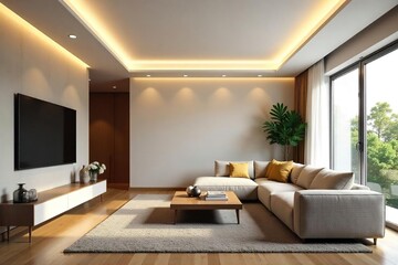 Fototapeta premium Modern minimalist ceiling lights illuminate a contemporary living room, creating a warm and inviting atmosphere Clean lines and bright, diffused light are featured , decor, elegant, lighting