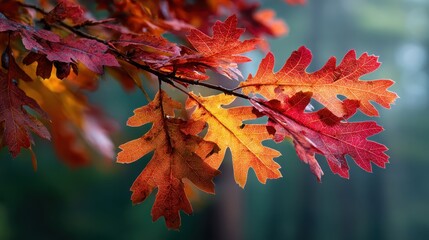 Autumnal Embrace: A close-up shot showcases the vibrant colors of autumn, with fiery red, orange, and golden leaves of an oak branch, evoking the serene beauty of nature.