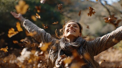 Joyful Autumn Embrace: A woman revels in the crisp air, arms outstretched, as autumn leaves cascade around her, creating a scene of pure bliss and seasonal enchantment.