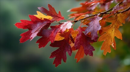 Autumn Leaves in Transition: Vibrant display of autumn foliage. The leaves, a palette of fiery red, rich burgundy, and warm golden hues, are captured in a close-up shot.