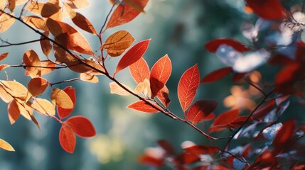 Autumnal Leaf Elegance: A close-up of a vibrant autumn foliage display. Red, orange, and golden leaves, basking in soft sunlight, evoke a sense of tranquility and the seasonal change.