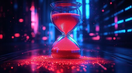 Glowing hourglass with red sand flowing down against futuristic blue and pink digital background emitting small sparkling particles