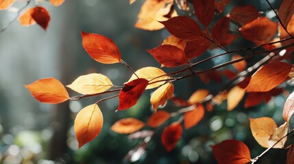 Autumn Leaves in the Sunlight: Close-up of vibrant, autumnal leaves in warm hues of red and gold, illuminated by the soft, natural sunlight, evoking the season's beauty and tranquility.