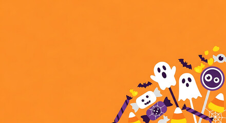 Cheerful halloween sweets arrangement with bright orange backdrop composition