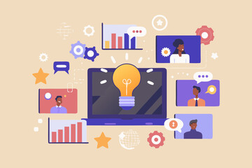 Team collaborating on a new idea with a glowing lightbulb and business charts on a laptop screen