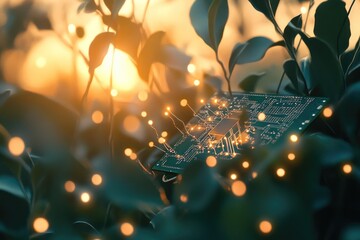 Circuit board nestled in foliage at sunset, symbolizing technological harmony with nature.