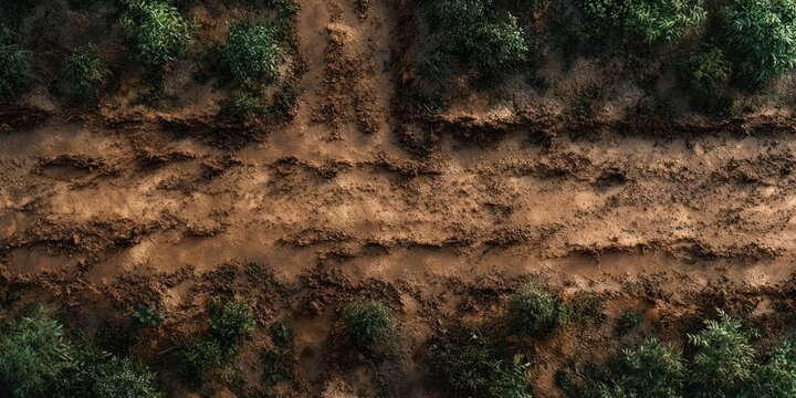 aerial view of dry dirt paths intersecting with patches of green shrubs and grass in a natural environment
