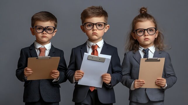 Three children dressed as business professionals.