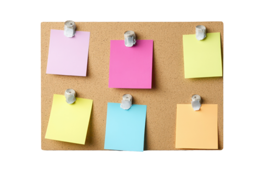 Colorful sticky notes arranged on a corkboard displaying various messages and reminders for organization and planning in a neat, creative way during daytime