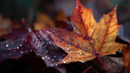 Autumnal Dewdrop: A close-up photograph captures the beauty of a vibrant maple leaf, its intricate details adorned with delicate dewdrops, signifying the essence of autumn.