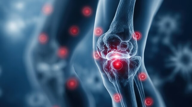 Human knee joint red highlights pain inflammation blue background medical