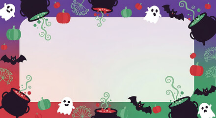 Whimsical halloween themed frame with ghosts, bats and brewing cauldrons