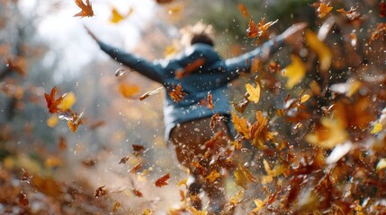 Embrace the Autumnal Breeze: A person joyfully dances amidst a flurry of falling autumn leaves, embodying freedom and the essence of nature's embrace.