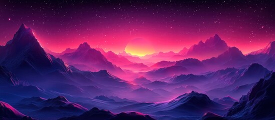 A majestic mountain range bathed in the glow of a vibrant sunset sky