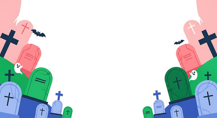 Cartoon gravestones and bats decorate a spooky festive background for halloween
