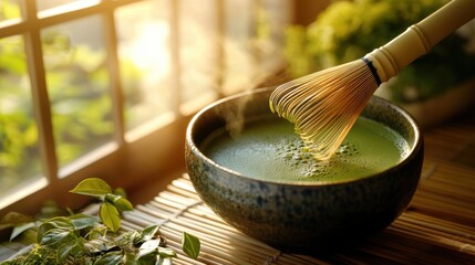 Matcha green tea cooking process in a bowl with bamboo whisk,traditional japanese matcha tea dessert ,Organic Green Matcha Tea ceremony,Matcha powder.