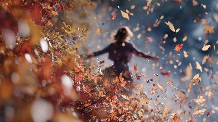 Autumn Embrace: A solitary individual frolics amidst a swirling vortex of vibrant autumn leaves, celebrating nature's embrace with outstretched arms, a symphony of colors dancing in the crisp air.