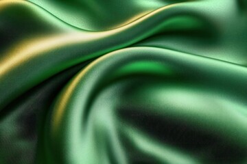 Close-up of smooth shimmering green fabric with soft folds and gentle light reflections showing rich texture and flowing curves